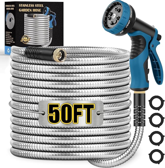 Metal Garden Hose 50FT, Stainless Steel Water Hose with 10 Function Nozzle, Solid Brass Fittings, Lightweight, Kink-Free & Dog Chew Proof for Lawn, Yard, RV, Car Wash, 550PSI