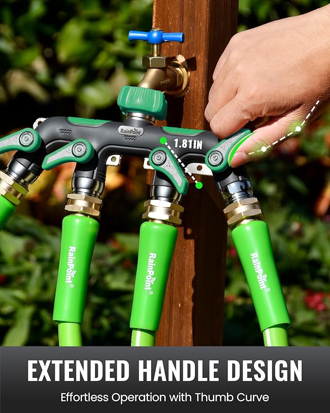 RAINPOINT 4 Way Garden Hose Splitter, 100% Metal Heavy Duty Water Hose Splitter with Individual Shut-Off Valves, 3/4" GHT High Flow Outdoor Faucet Splitter, 1.81" Extra Long Handle (Dark Green)