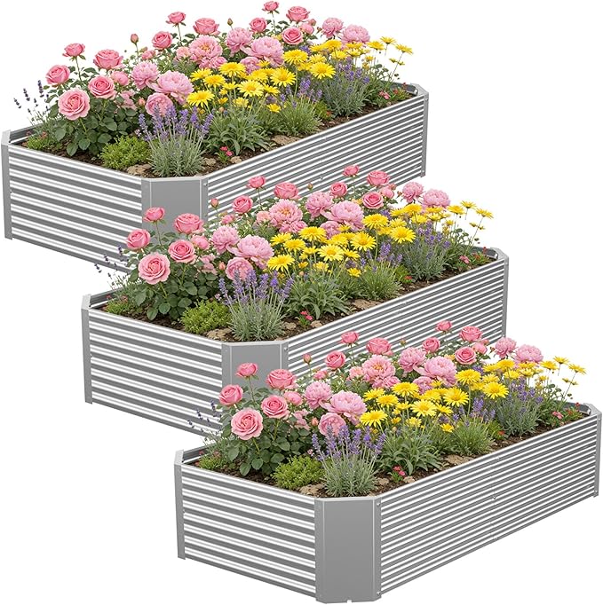 3 Pcs 4 x 2 FT Galvanized Steel Raised Garden Bed – Outdoor Planter Box for Root Vegetables, Herbs & Flowers, Large Metal Garden Beds for Backyards, Terraces and Balconies
