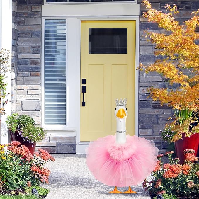 4 Pcs Princess Porch Goose Outfit for 23" 17" Cement Lawn Goose Costume Crown Necklace Tutu Skirt Feather Trim for Princess Outdoor Garden Lawn Art Decor(Pink)