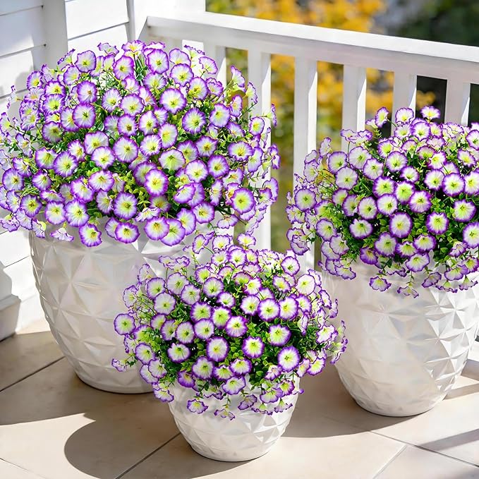 Yastouay Artificial Flowers for Outdoors, 26 Bundles Fake Outdoor Flowers, UV Resistant Artificial Plants & Flowers for Decoration, Purple/White Realistic Morning Glory for Outdoor Porch Garden