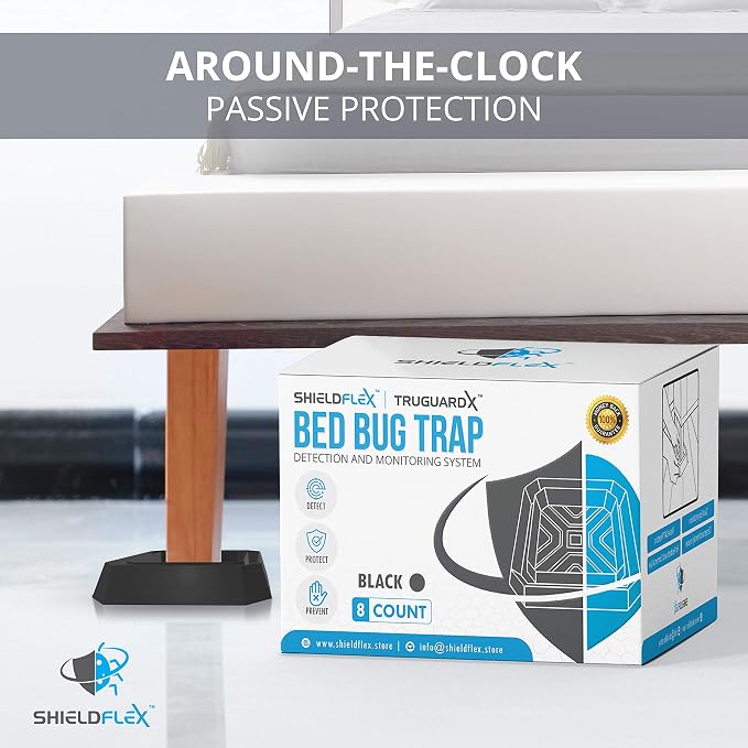 Bed Bug Trap — 8 Pack | TruGuard X Bed Bug Interceptors (Black) | Eco Friendly Traps for Bed Legs | Reliable Insect Detector, Interceptor, and Monitor for Pest Control and Treatment