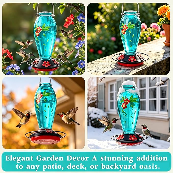24 OZ Hummingbird Feeder for Outdoors Hanging, Heavy-Duty Thick Glass Bird Feeder with Floral Decals, Leak-Resistant Metal Base with 5 Feeding Ports & Perch, Decorative Garden Decor(Blue)