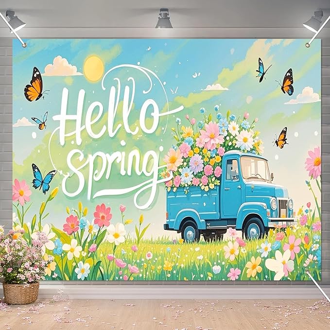 BlissYard Hello Spring Backdrop Decoration Garden Floral Banner 8x6ft Spring Photo Backdrop Vintage Truck Background for Spring Party Easter Celebration Photo Booth Event Wall Display