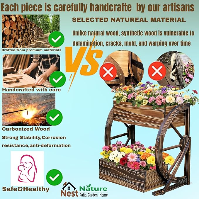 2 Tier Medium Wooden Wagon Planter Box|Outdoor Planter/Flower Pot for Indoor&Outdoor Plants-Rustic Garden Planter for Patio,Porch&Garden Decor-Raised Garden Bed for Succulents,Herbs,Vegetables
