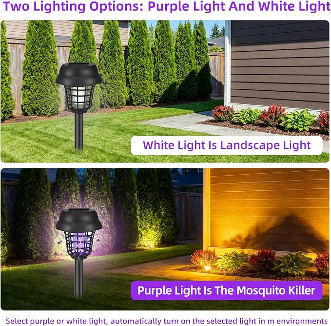 2026 Solar Bug Zapper Outdoor Waterproof,4 Pack Mosquito Zapper Repellent Outdoor Patio,Auto On/Off Purple or White Light,Solar Powered Gnat Insect Bug Zappers for Yard Garden Backyard Pathway