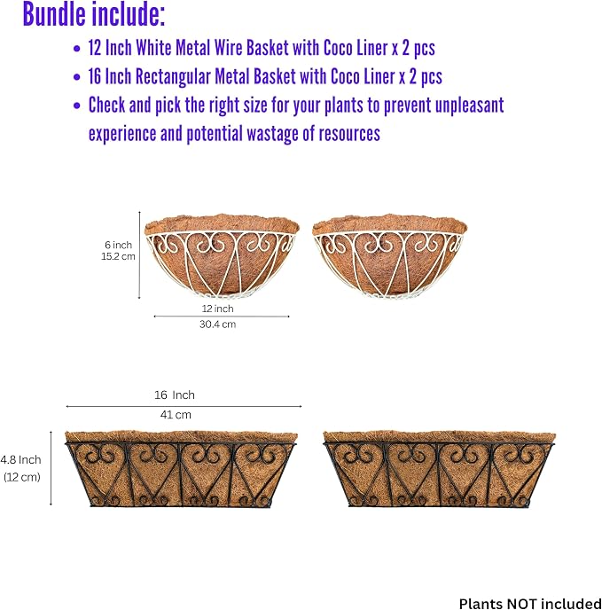 LaLaGreen Bundle- 2-Pack, 12 Inch Semi-Circle Basket with Coco Liner + 2-Pack, 16 Inch Rectangular Basket with Coco Liner, Wall Mount Hanging Flower Pot Plant Holder Rail Fence Balcony Patio Decor