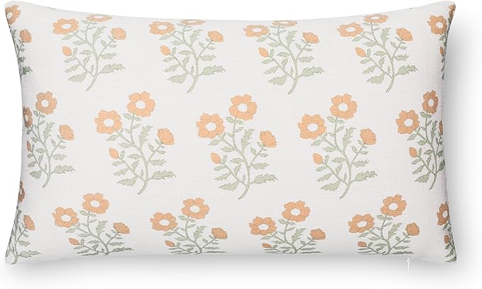 Crumbs Home Modern Farmhouse California Casual Indoor Outdoor Lumbar Pillow Cover, 12"x20" Water Repellent for Patio, Backyard, Couch, Poolside, Ivory Cream Tan Green Print Block Painting Flowers