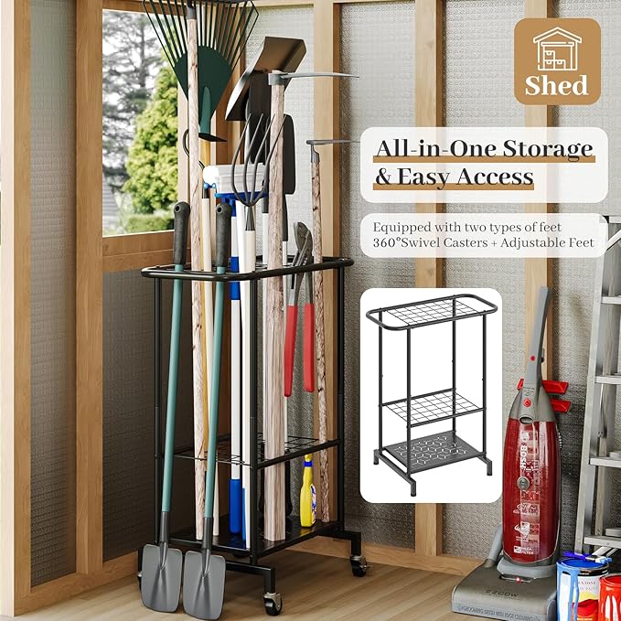 Garden Tool Organizer with Wheels, Heavy Duty Metal Garage Tool Storage Rack, Yard Tool Holder for Long-Handled Tools, Rakes and Brooms, Indoor and Outdoor Use for Shed, Patio