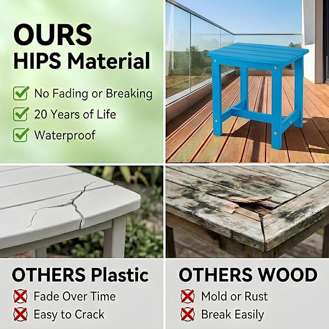 Y&M Outdoor Side Table, HIPS Adirondack Small Single Table, Waterproof Square Outside Table, Balcony Modern End Tables for Patio, Pool, Beach, Porch, Deck, Indoor or Outdoor Use, Bright Blue