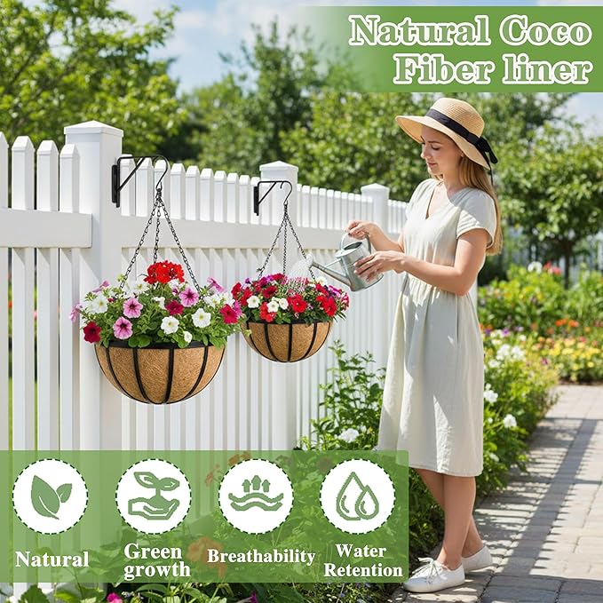 Black Flat Iron Metal Hanging Planter Basket with Coco Coir Liner(4 Pack, 12 Inch) Hanging Planters for Outdoor Plants Round Plant Flower Pots Hanging Flower Basket for Outdoor Patio Garden Decoration