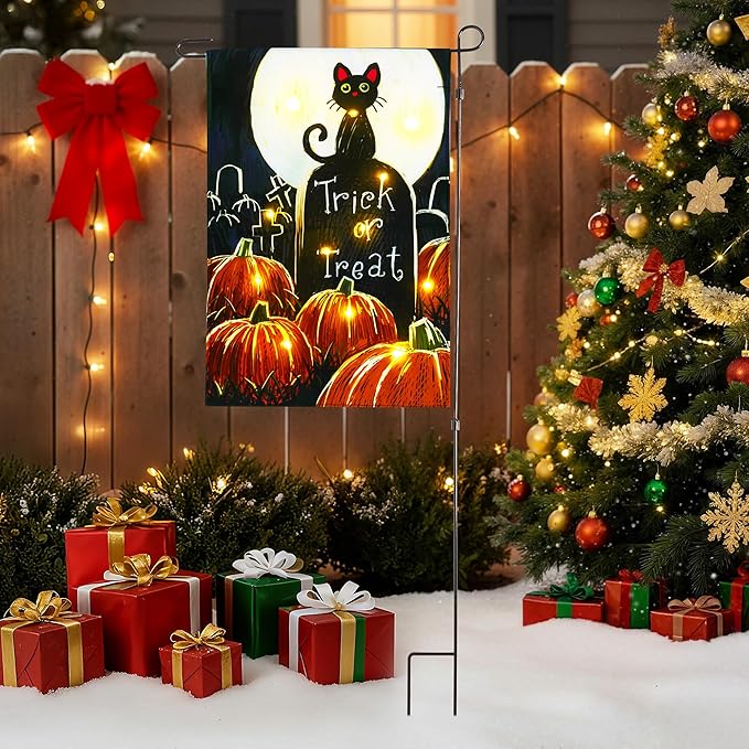 Solar Lighted Christmas Black Cat & Pumpkin Garden Flag Stake, Double-Sided Outdoor Yard Decor, LED Flag for Patio Lawn Thanksgiving Party Winter Holiday Decorations & Gifts