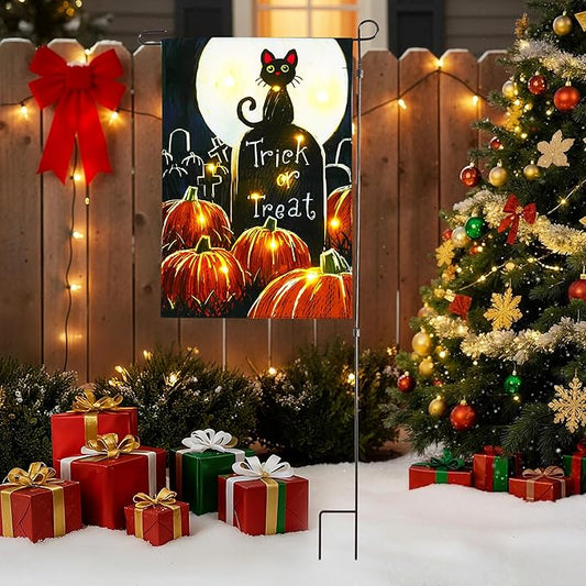 Solar Lighted Christmas Black Cat & Pumpkin Garden Flag Stake, Double-Sided Outdoor Yard Decor, LED Flag for Patio Lawn Thanksgiving Party Winter Holiday Decorations & Gifts