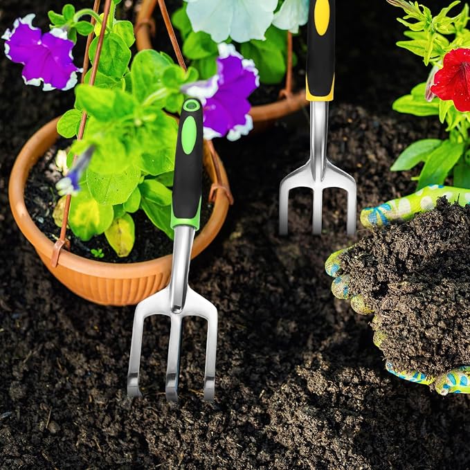 Yaocom 12 Pcs Hand Rake Garden Tool Mini Rake Heavy Duty Garden Cultivator 11 Inches Small Rake for Gardening Aluminum Alloy Hand Tiller with Soft TPR Handle for Digging Weeding Loosening Soil