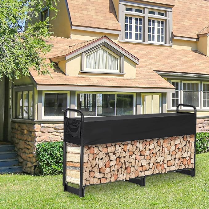 PeakPursuit 8FT Firewood Rack Outdoor with Waterproof Cove, Heavy Duty Logs Holder for Indoor Fireplace Metal Wood Pile Storage Stacker Organizer, Black