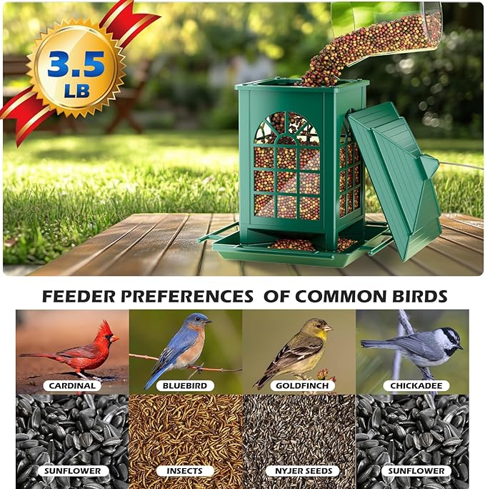 Birdream Bird Feeders for Outdoor Hanging, Assembly Required, 1-Min Easy Setup, Classic Courtyard Design, Attracting Cardinals Chickadees Goldfinches & Sparrows - Green