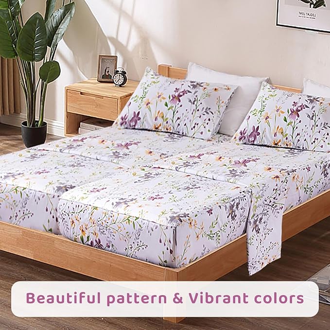 QSH 100% Cotton Sheets for Split King Size Bed - Floral Plant Pattern Botanical Luxury Cotton Printed Floral Bedding King Size Sheet with Deep Pockets 17" Soft and Breathable 5pcs