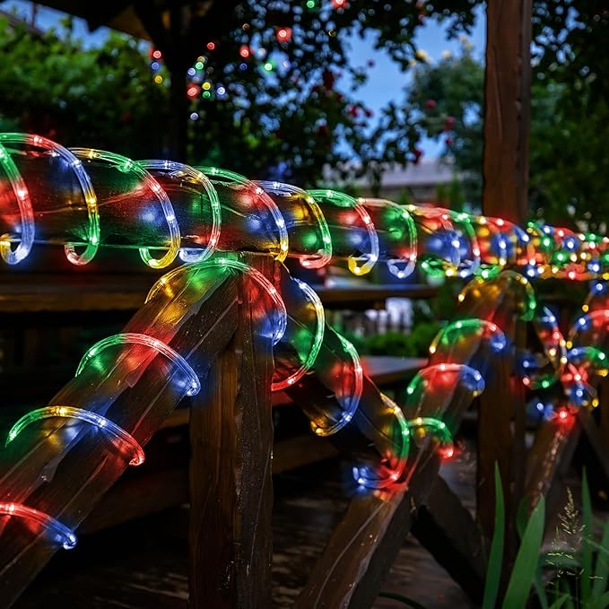 Solar Rope Lights, 66ft 200LED Solar String Lights, 8 Modes Waterproof Solar Powered Outdoor Light, Flexible Clear Tube Light for Garden, Backyard, Patio, Deck, Porch, Pool, Tree Decor - Multicolor