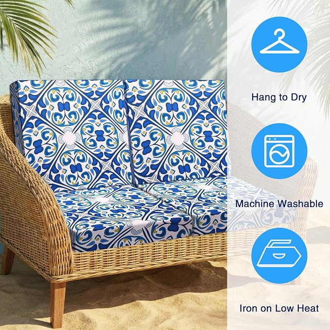 Newwiee 12 Pcs Patio Cushion Covers Outdoor Stretch Sofa Couch Cover Replacement Couch Slipcover Sofa Seat Chair Porch Patio Furniture Protector, Flexibility Washable(Blue Series,Retro)