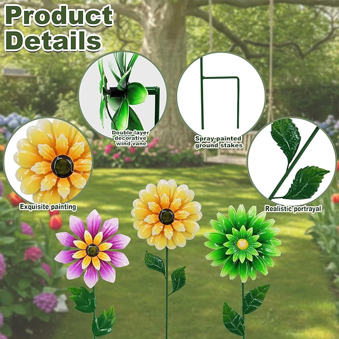 3 Pack Metal Flower Wind Spinner for Yard, 18in Outdoor Garden Stake with Retro Floral Design, Kinetic Patio Lawn Art, Weather Resistant Spring Decor