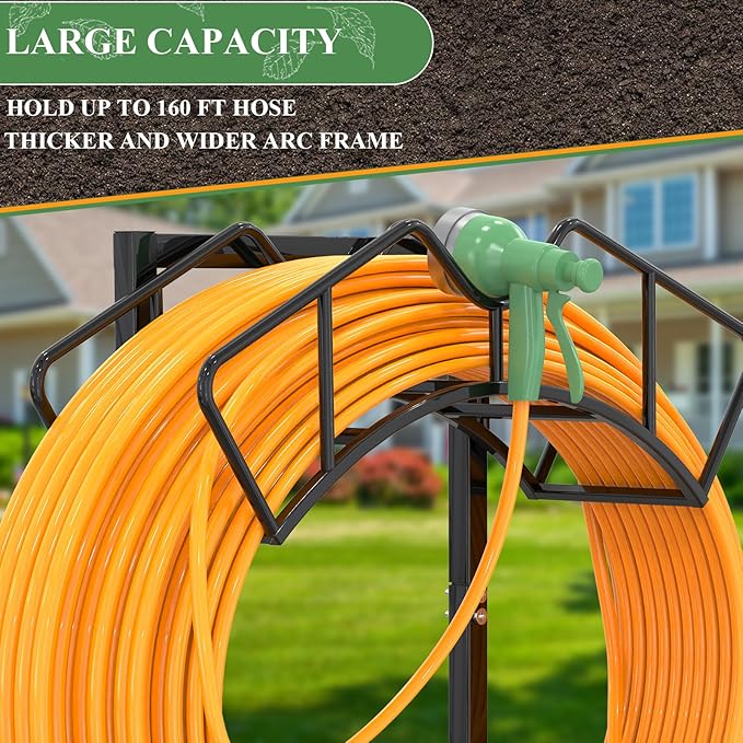 Qatsrin Super Stable Garden Hose Holder, Detachable Water Hose Holders Stand Holds 160-Feet Freestanding Hose Storage Hanger Rack for Outside Yard Lawn Farm (Black)