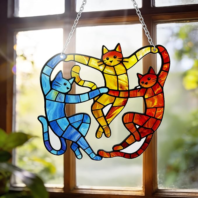 Cat Stained Glass Suncatcher Window, Hanging Sun Catchers Indoor Window, Suncatcher for Mom/Women (Dancing Cat)