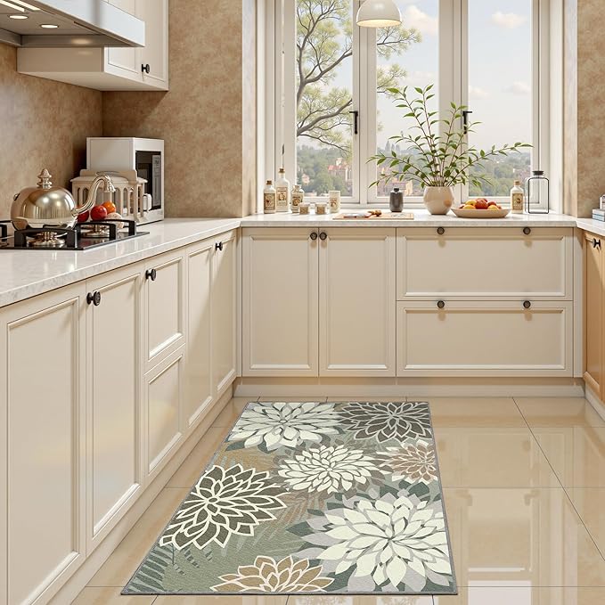 Arenarug 2x3 Washable Small Rug Tropical Botanical Modern Floral Indoor Chenille Door Mat Carpet Non Slip for Patio, Entry Way, Entrance, Porch, Taupe