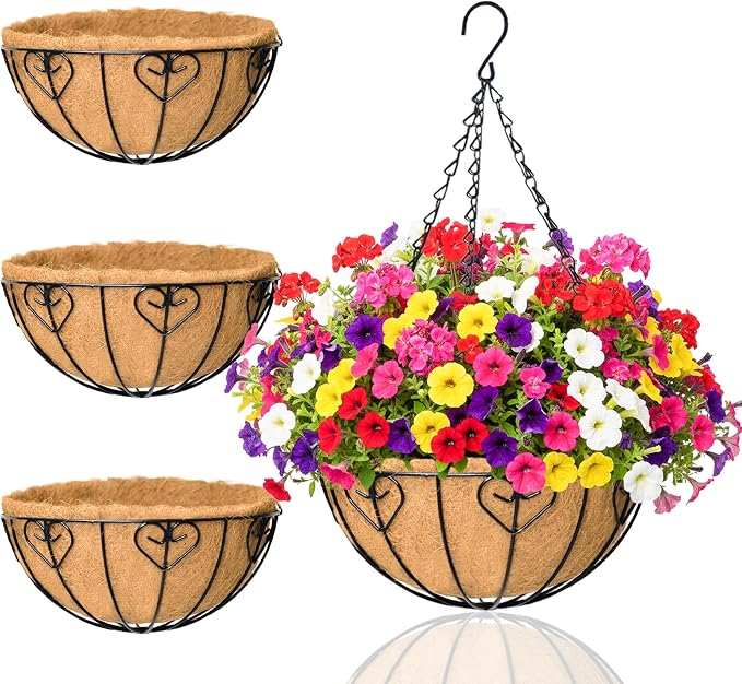 Hanging Planters for Outdoor Plants 4 Pack 16 inch Metal Hanging Flower Basket with Coco Coir Liner Wire Plant Holder Watering Flower Baskets Pot Hanger Garden Decoration for Indoor Outdoor(AXL)