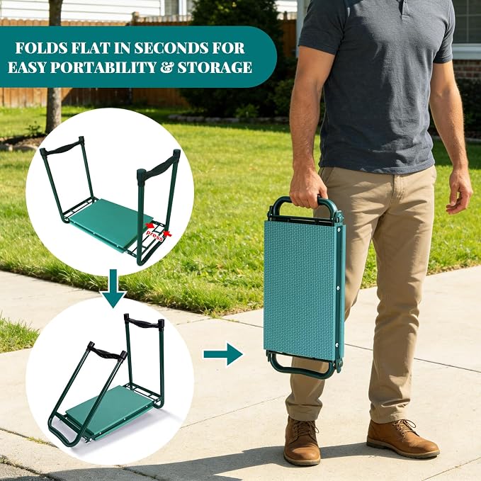 Heavy-Duty Garden Kneeler and Seat with Two Tool Bag Extra-Wide 11.02" Foldable Gardening Stool for Knee & Back Support | Non-Slip, Portable Bench for Women, Men, Seniors, Mom, Dad