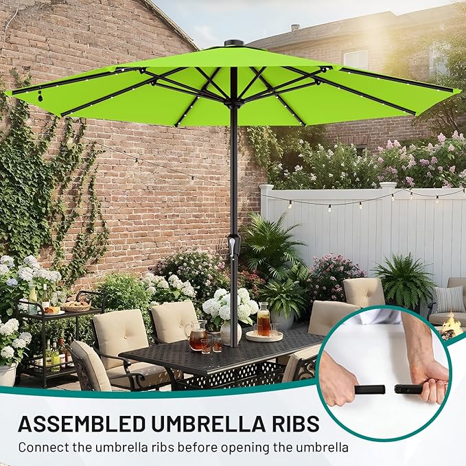 AreShark 11FT Large Patio Umbrella with Solar Lights, Lighted Solar Umbrella with Crank, Outdoor Table Market Umbrellas for Garden, Deck, Backyard, Pool and Beach, Apple Green