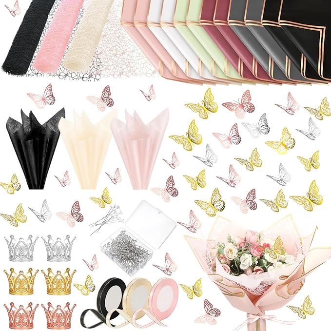 Qilery 334 Pcs Flower Wrapping Paper Set,153 Waterproof Floral Bouquet Wrapping Paper,72 3D Gold Butterfly Decoration,100 Pins, 6 Crowns and 3 Ribbons for DIY Craft(Elegant Color)