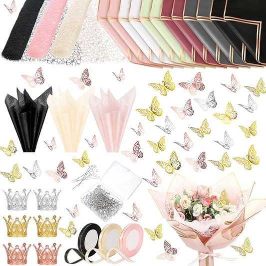 Qilery 334 Pcs Flower Wrapping Paper Set,153 Waterproof Floral Bouquet Wrapping Paper,72 3D Gold Butterfly Decoration,100 Pins, 6 Crowns and 3 Ribbons for DIY Craft(Elegant Color)