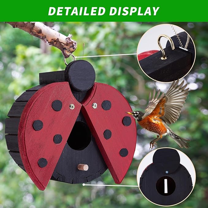 NATUREYLWL Bird Houses for Outside - Wooden Hanging Bird House - Ladybug-Shaped Birdhouse for Finches, Wrens, Cardinals - Outdoors Bluebird Nesting Box - Cute Garden Decor for Wild Birds