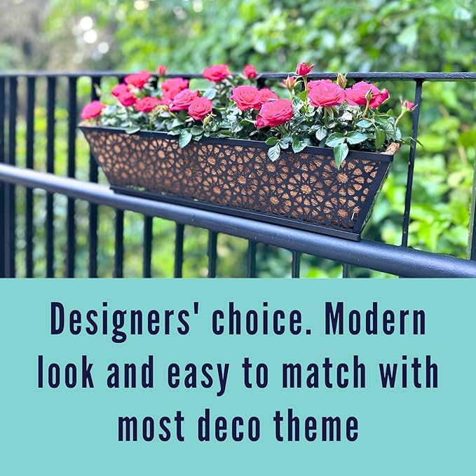 LaLaGreen Window Planter Boxes Outdoor (24 Inch, 4 Pack) Large Fence Hanging Planters Outdoor Plants, Metal Deck Railing Flower Box with Coco Liner, Modern Horse Troughs Balcony Pots Patio Porch Rail