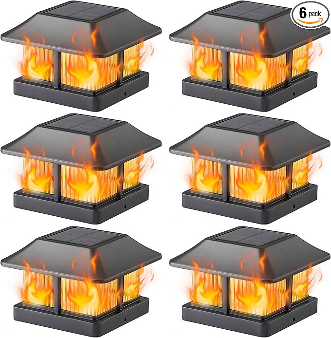 Dynaming Solar Flame Post Cap Lights Outdoor, Solar Powered Fence Post Light, Flickering Flame LED Lantern Lamps Waterproof for Garden Deck Patio, Fit 4x4 Wooden/Vinyl Posts, 6 Pack