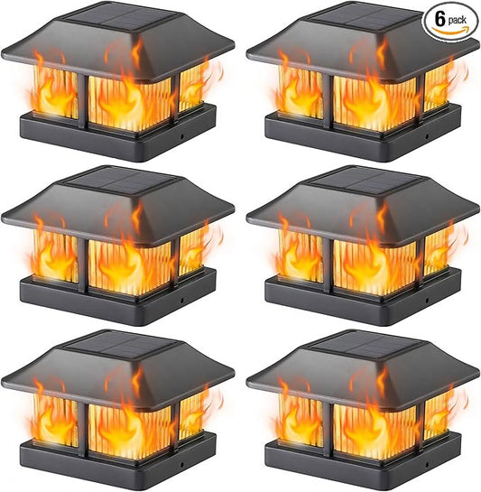 Dynaming Solar Flame Post Cap Lights Outdoor, Solar Powered Fence Post Light, Flickering Flame LED Lantern Lamps Waterproof for Garden Deck Patio, Fit 4x4 Wooden/Vinyl Posts, 6 Pack