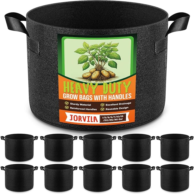 Jorvila 10 Pack 1 Gallon Grow Bags, Thickened Nonwoven Fabric Planter Pots with Handles, Heavy Duty 300G Garden Pots for Tomato, Potato and Vegetable