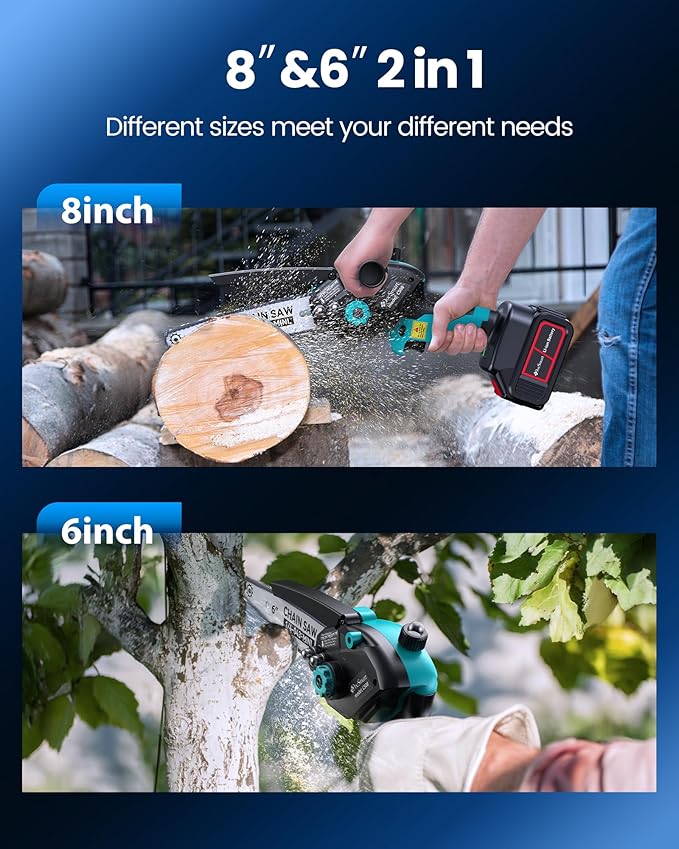 Electric Mini Chainsaw for Pruning Small Trees with 2pcs 4000mAh Batteries, Brushless 8 inch & 6 inch Portable Hand Saw, 1500W Handheld Chain Saw for Wood Cutting, Gardening Gifts for Mother’s Day