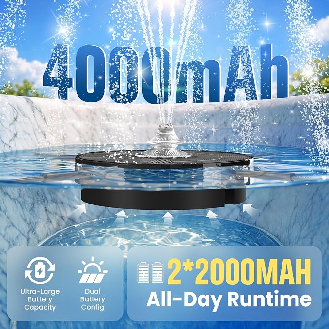 4000mAh Solar Fountain,2026 Solar Bird Bath Fountain Pump,3 Spray Solar Powered Water Fountain with lights,Floating Birdbath Fountain Kit,DIY Water Bird Bath Fountain for Outdoor,Garden-grey