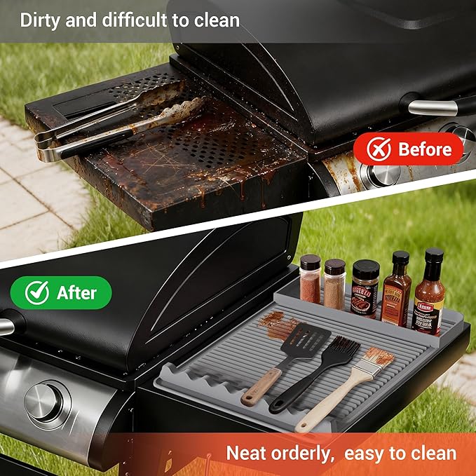 2Pack Silicone Grill Mat for Blackstone - 16x11.5 Inch Non-Slip Tool Mat with Sauce Drip Pad & Wavy Grip, Outdoor BBQ Accessories & Gifts for Men, Dad, Grilling （Grey）