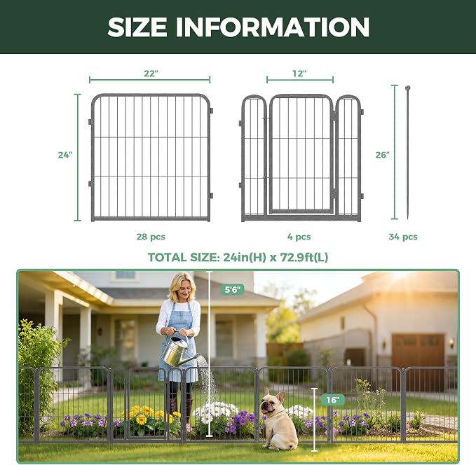 FXW Garden Fence Outdoor for the Yard – 24in(H) x 60.9ft(L) Heavy Duty Metal Animal Barrier for Dog, No Dig Decorative Dog Fence, 32 Panels, Silver