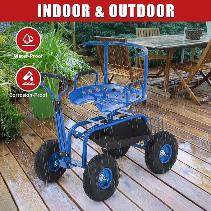 Garden Cart Rolling Workseat with Wheels, 360° Swivel Gardening Stool, Extendable Steering Handle & Utility Tool Tray, 10-Inch Inflatable Tires, Reinforced Steel Construction for Patio, Yard, Outdoor