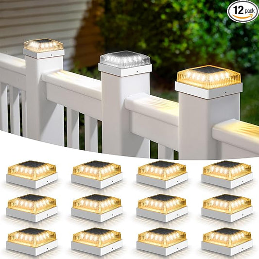 Solar Post Cap Lights, 12-Pack Fence Post Solar Lights for 4x4 Wood/Vinyl Posts, IP65 Waterproof, 10-12 Hours of Illumination with 3 Lighting Modes for Garden/Patio/Porch - White