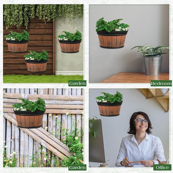 Layhit 6 Pcs Wall Hanging Planters Outdoor Pot Planter Wine Barrel Planter Distressed Oak Thickened Plastic Water Storage Flower Pots for Flower Indoor Outdoor(10 Inches,Brown)