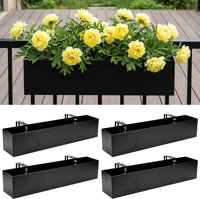 LaLaGreen Railing Planter Box (24 Inch, 4 Pack) Black Metal Rectangular Hanging Flower Boxes with Brackets, Deck Railings Planters for Outdoor Plants Fence Over Rail Balcony Patio Porch Stylish Garden