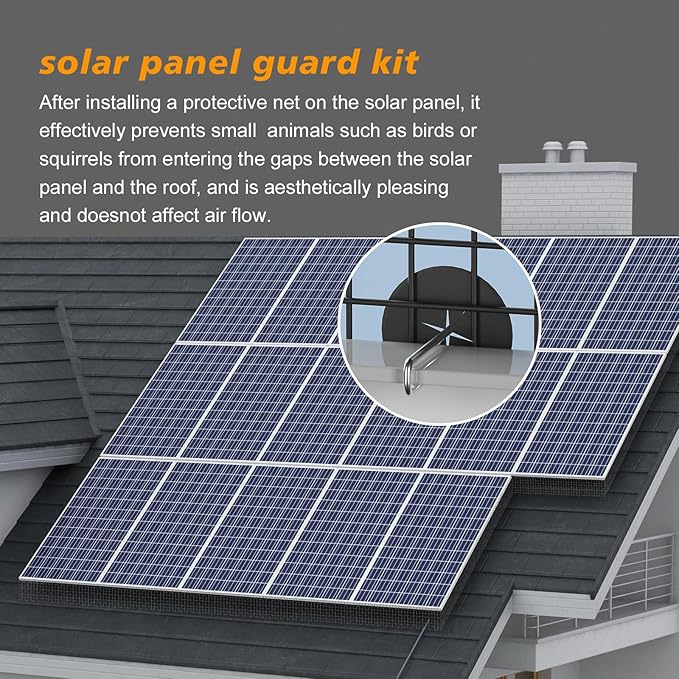 Critter Guard for Solar Panel Bird Mesh 8 inches x 100 feet PVC Coated 1/2 inch Bird Net with 70 Sets of Fastening Clips Pliers Pigeon Solar Panel Bird Guard Kit Roof Solar Protective net