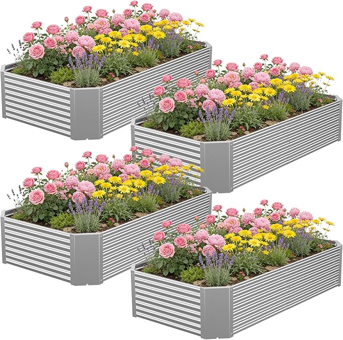 4 Pcs 4 x 2 FT Galvanized Steel Raised Garden Bed – Outdoor Planter Box for Root Vegetables, Herbs & Flowers, Large Metal Garden Beds for Backyards, Terraces and Balconies