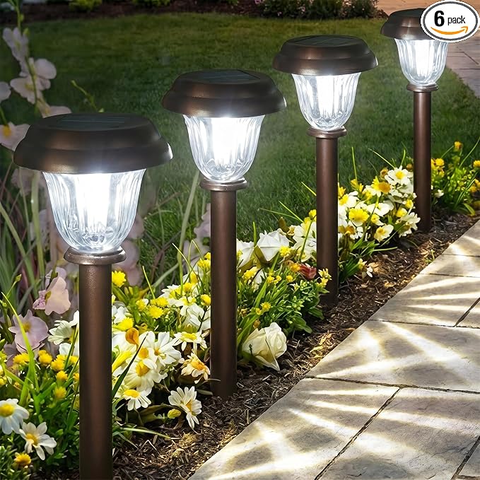 DERAYSION Solar Lights Outdoor, 6 Pack Brushed Stainless Steel Glass Solar Pathway Lights, Auto On/Off Long-Lasting Outdoor Solar Lights for Garden, Landscape, Path, Yard, 6000K Cold White