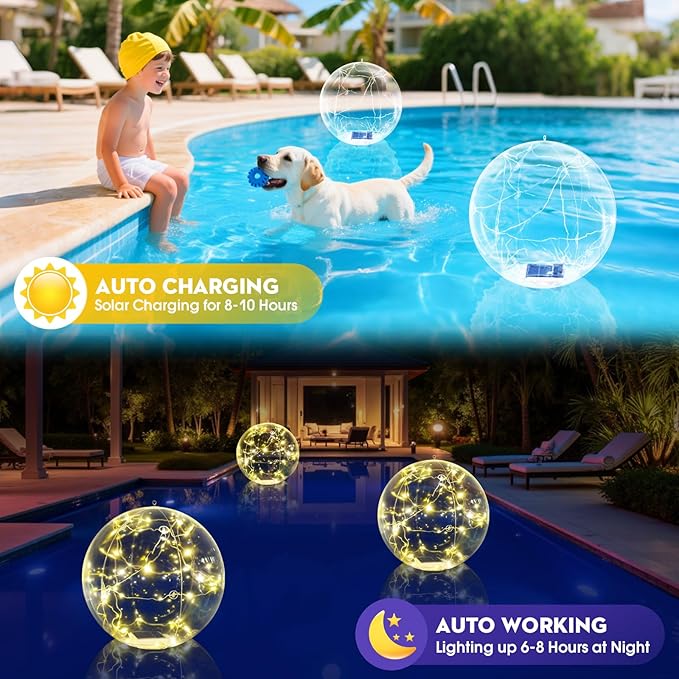 Askyli Solar Floating Pool Lights, 15 inch Waterproof Solar Pool Light that Float, Warm White LED Light up Pool Balls, Auto ON/Off Pool Solar Lights for Pools Party Wedding Decor (4Piece)