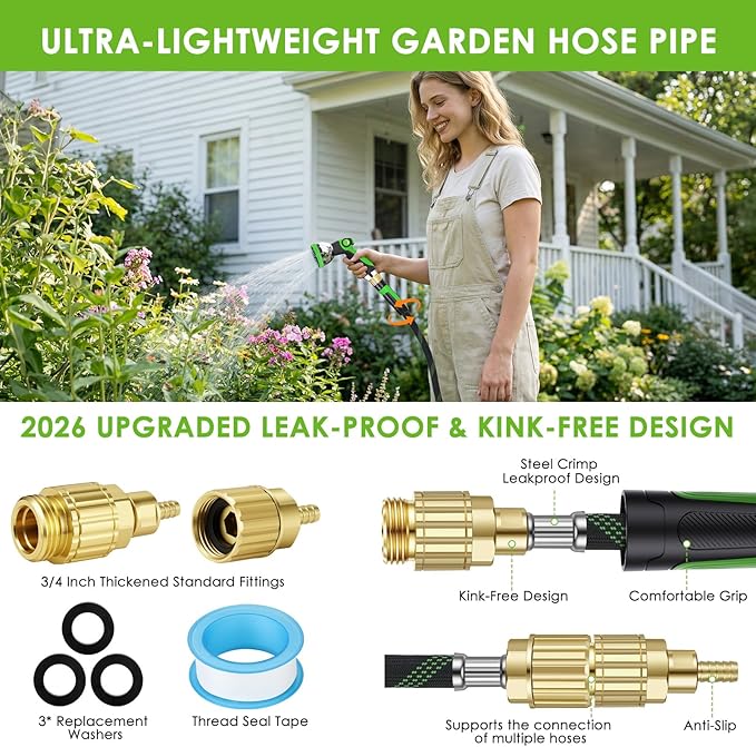 Non-Expanding Garden Hose 25 ft, Lightweight Hose & Flexible Water Hose With 10-Pattern Spray Nozzle, Kink-Free Design, Durable Leakproof Yard Outdoor Hose, Portable Storage Strap, 25 Feet